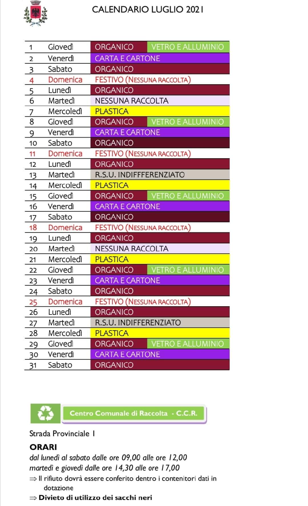 Montelepre: Calendario raccolta differenziata Luglio 2021