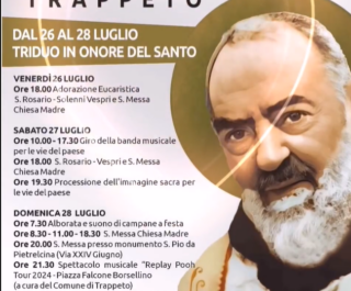 Trappeto, dal 26 al 28 luglio, i festeggiamenti in onore di San Pio da Pietrelcina